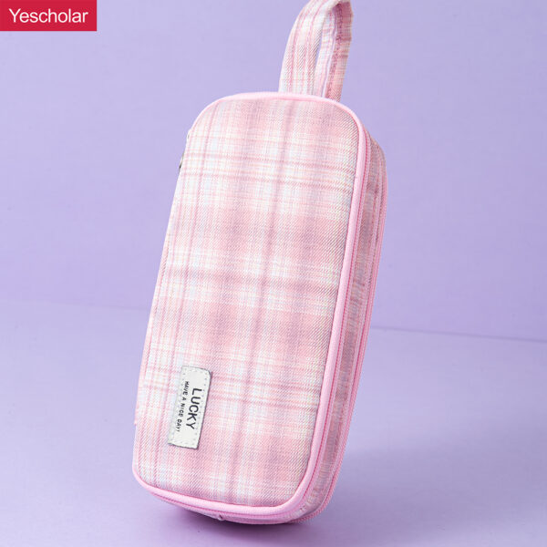 DM_20251020142108_001 Polyester fiber JK girly style 3 zipper large capacity checkered pencil case YE7093