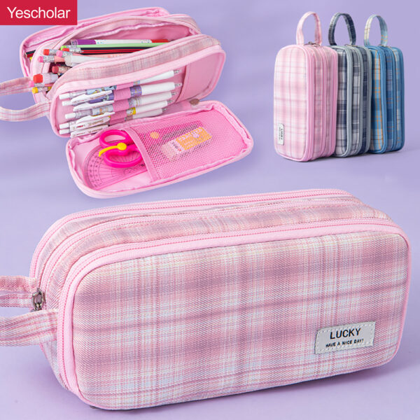 DM_20251020142110_001 Polyester fiber JK girly style 3 zipper large capacity checkered pencil case YE7093