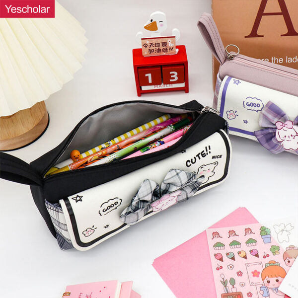 Canvas JK college style bow girl student double layer big capacity korean cute pencil case YE7200