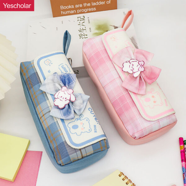 Canvas JK college style bow girl student double layer big capacity korean cute pencil case YE7200