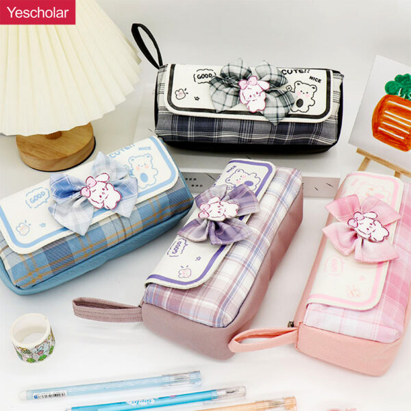 Canvas JK college style bow girl student double layer big capacity korean cute pencil case YE7200